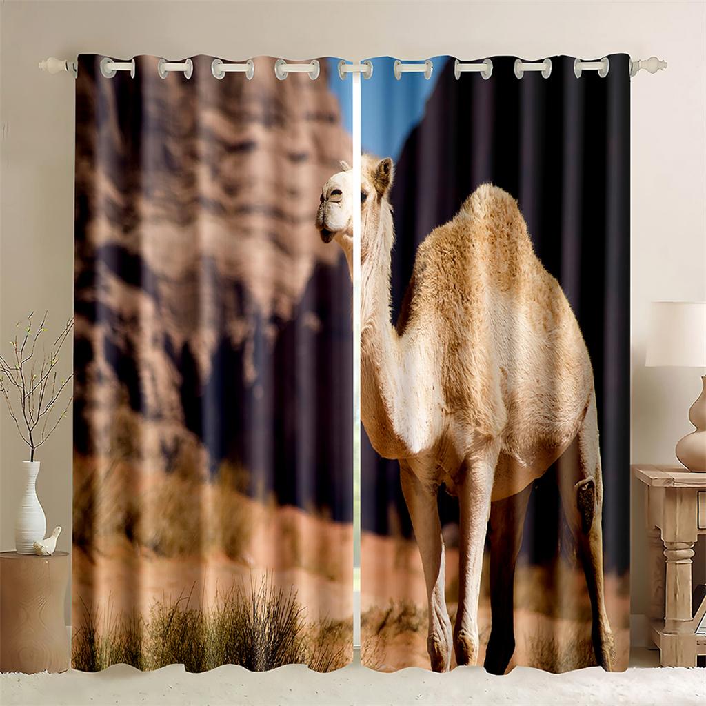 3D Camel Creative Curtains Desert Migration Shading 2 Panels Living Room Bedroom Balcony Kitchen Window Decorative Curtains
