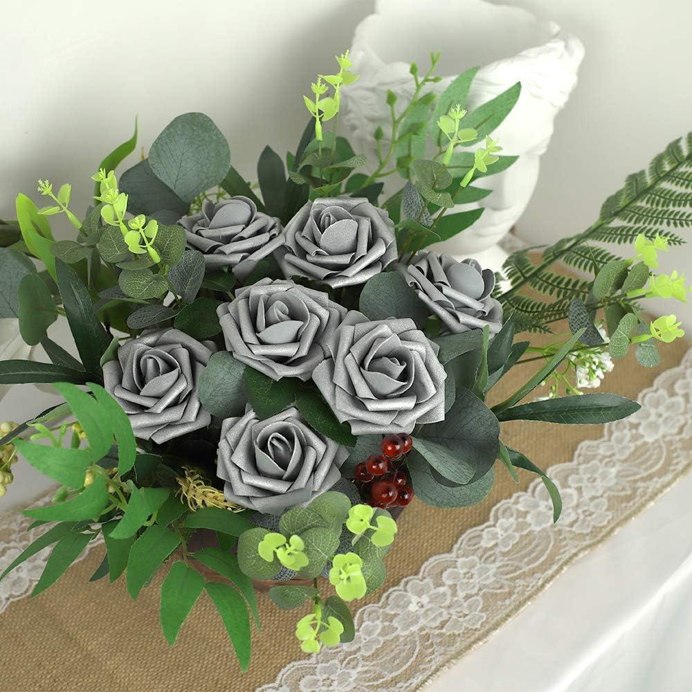 Home Artificial Flower 25PCS Silver Grey Fake Roses with Stem for DIY Wedding Bouquets Party Baby Shower Home Decortions