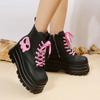 Fashion Black Pink Lace-up Combat Women Boots 6Cm Chunky Heel Platform Women Boots British Style Thick Sole Increase Height Casual Boots