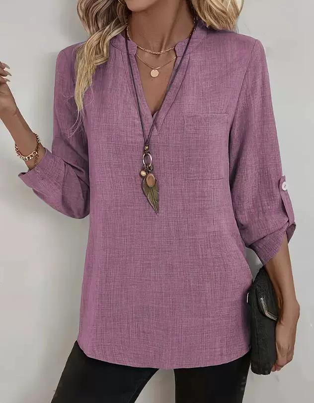 Spring/Summer 2026 European & American Women's Plus Size V-Neck Solid Color Casual Loose Shirt