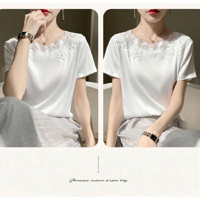 Summer new floral mesh short-sleeve casual T-shirt for women, fashionable top