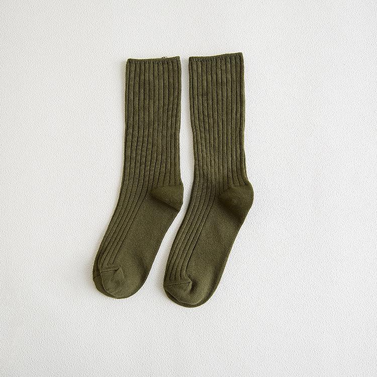 Women's Striped Double Needle Pile Socks: Pure Color, Long Cotton for Autumn/Winter, Trendy & Stylish.