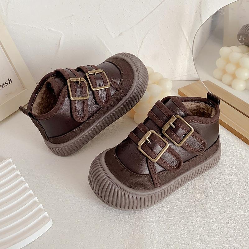 Winter Mid-cut Cotton Shoes for Children, Plus Velvet Soft-soled Casual Shoes for Boys and Girls, Velcro Cotton Shoes