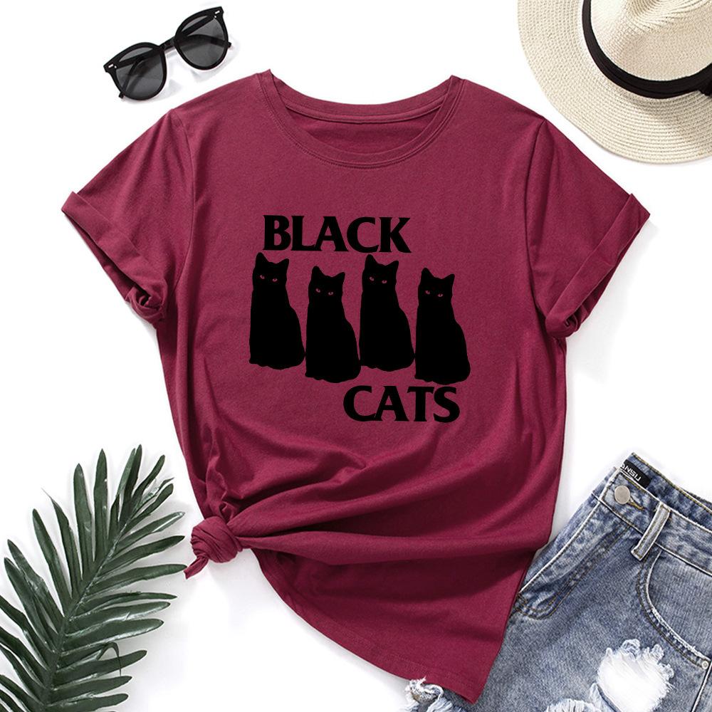 Summer Round Neck Black Cat Pattern Printed Top Fashionable Casual Pure Cotton Short Sleeved Women's T-shirts