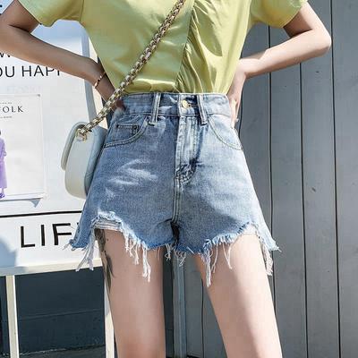 Klasik ve Minimalist Moda Çok Yönlü Yırtık Delikli Kadın Yaz Yüksek Bel İnce Dış Giyim Ham Kenarlı A-kesim Denim Şort Bireysellik