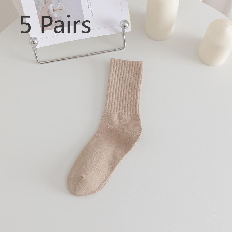 5 Pairs of Simple Solid Color Breathable Boneless Mid Calf Socks for Women In Spring and Summer