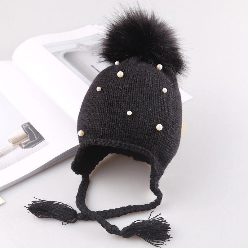 Winter Warm Newborn Infant Kids Hats Baby Girls Hats Hair Ball Earbud Pearl Crochet Hats Boys Warm Knit Caps For Girls Hats