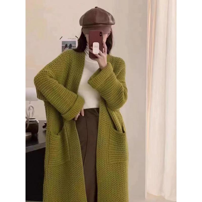 Spring and Autumn New Medium and Long Sweater Women's Coat Solid Color Knitted Cardigan Lazy Wind Thin Women's Thick Clothing