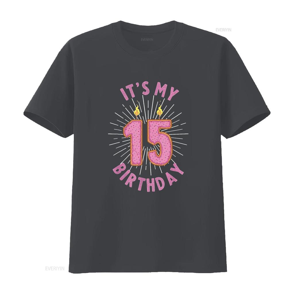 Womens 15 Year Old Girls 15Th Birthday Funny Donut Anniversary T Shirt Black 2XL vintage Washed Breathable Slightly fashion