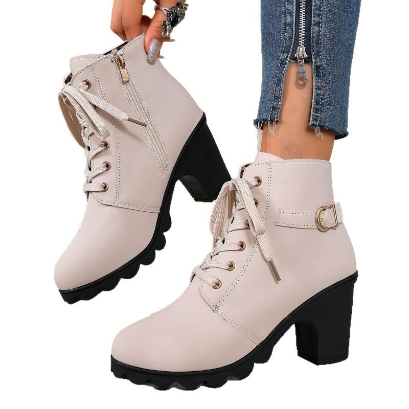 Women's Wide Width Round Toe Ankle Boots - Lace-Up High Heel Martin Boots for Fall/Winter, Fashion Casual Boots
