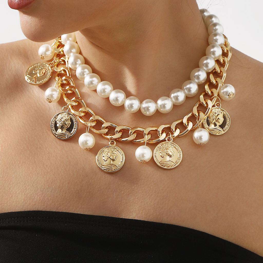 N12293 Vintage Portrait Coin Queen Embossed Pendant Tassel Double Pearl Clavicle Chain