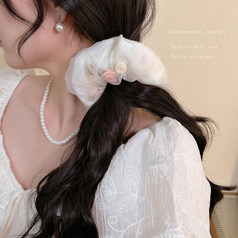 Women's Rose Mesh Scrunchie - French Style Elastic Hair Tie Durable Leatherette