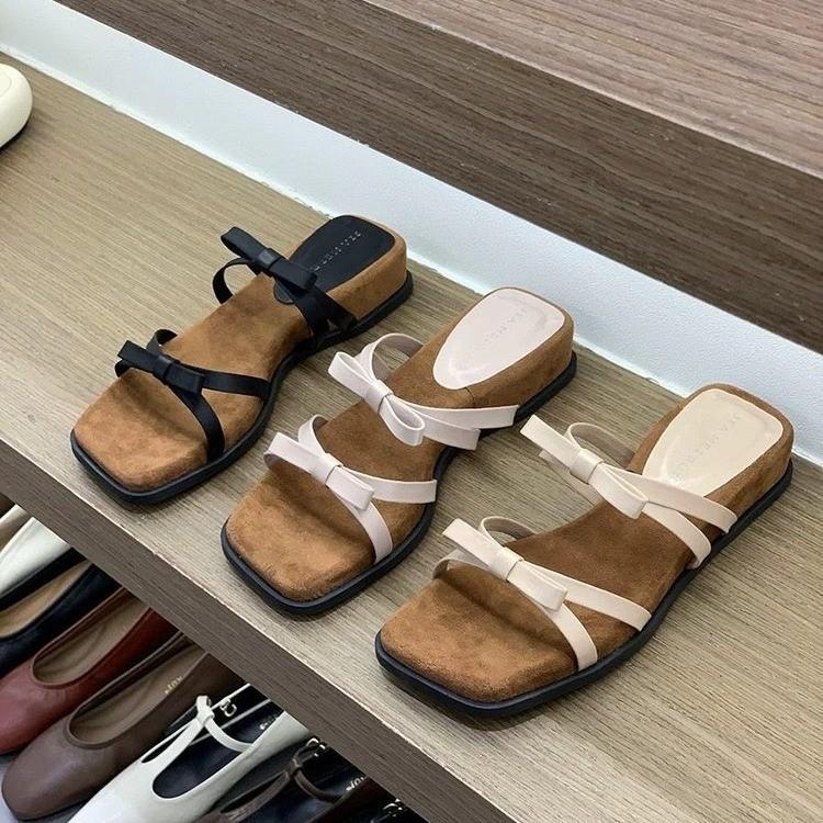 Purple temperament wedge heel French thin strap cool slippers fairy 2025 new summer bow Roman cool slippers