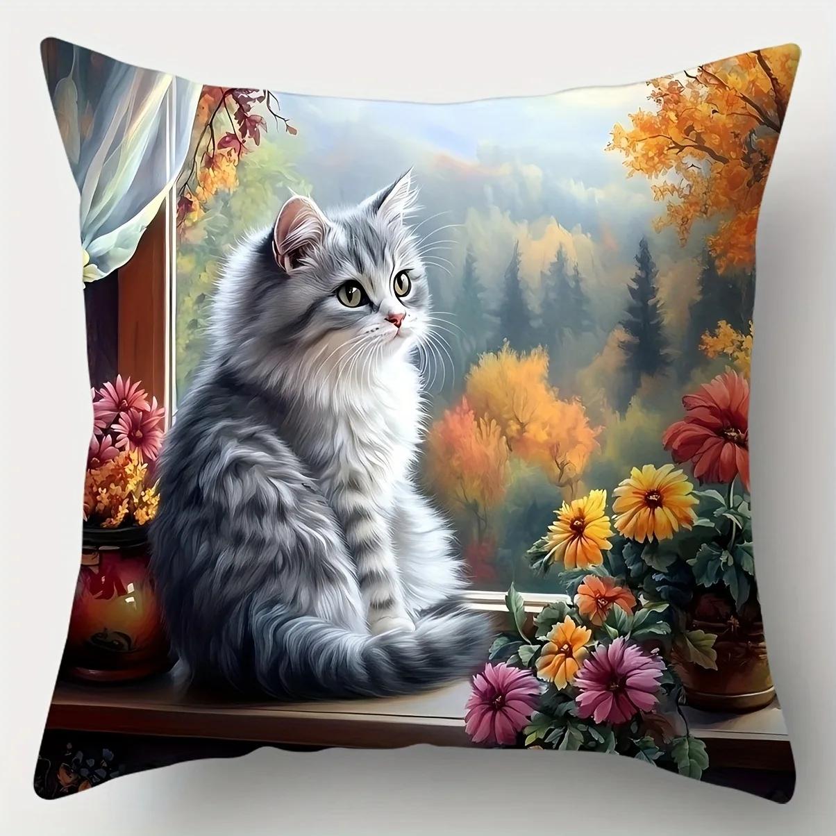 

Home Decor Cute Cats and Flowers Pillow Covers Pattern Cushion Cover Suitable for Sofa Bedroom Car Pillow Cover 40cmx40cm