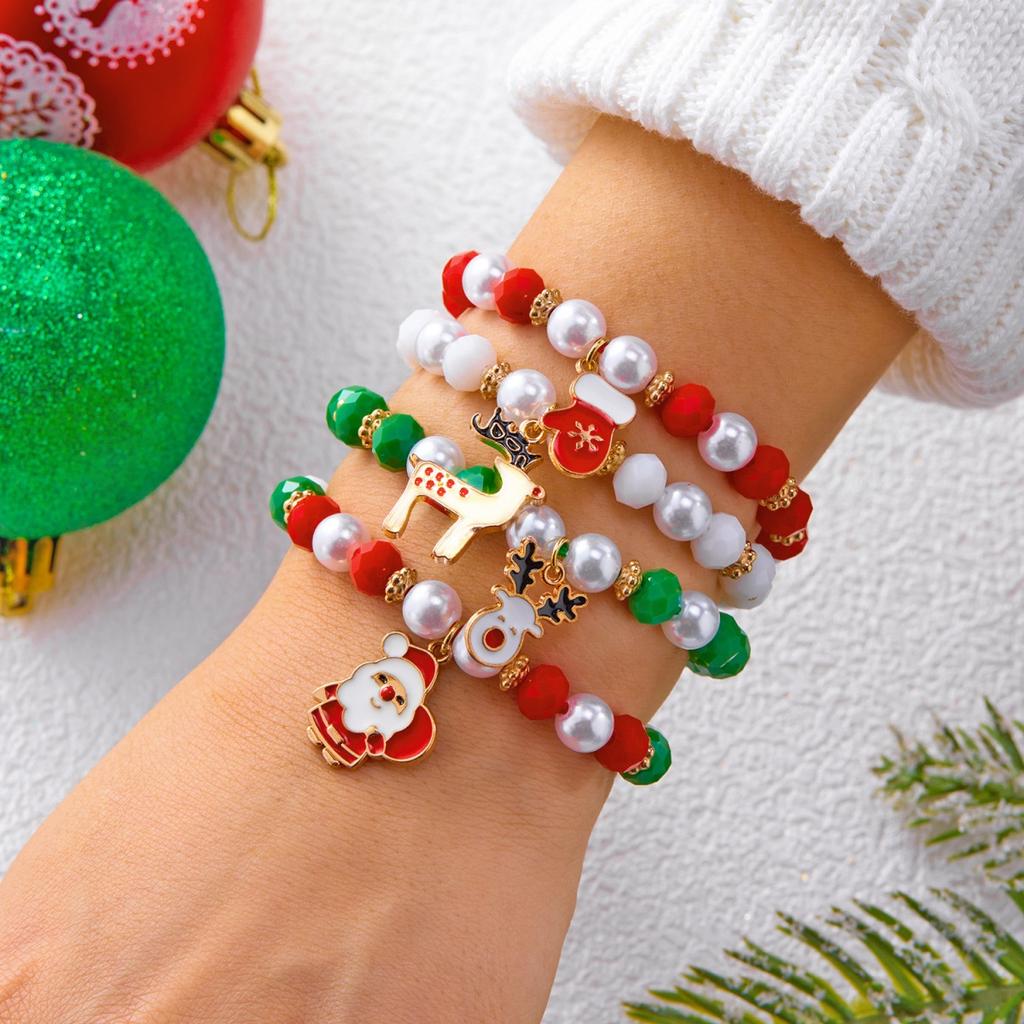 Christmas Santa Claus Deer Braided Bracelet Tree Snowflake Crystal Imitation Pearl Soft Clay Bead Bangles For Women Men Jewelry