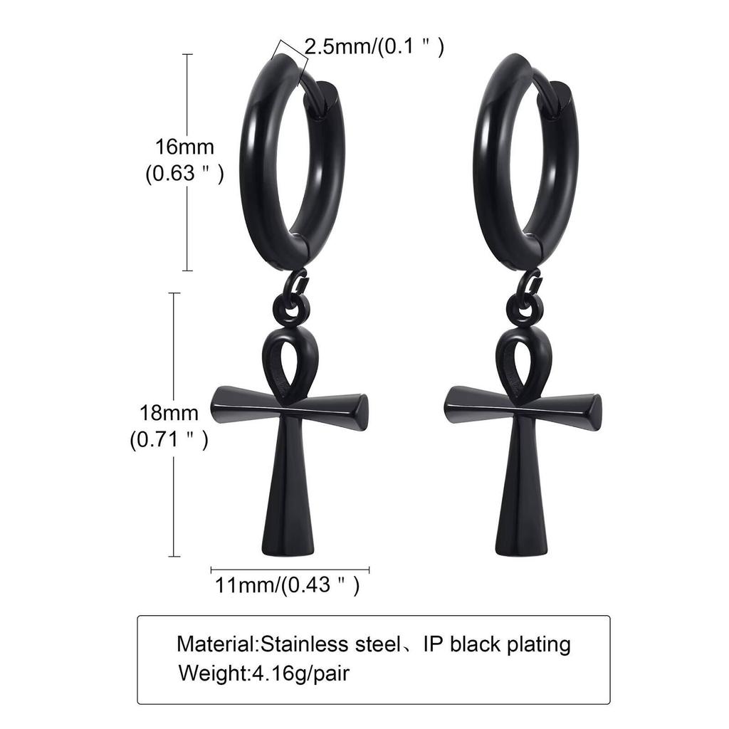 Vnox Ancient Egyptian Ankh Cross Earrings for Men, Stainless Steel Geometric Hoop Huggie Jewelry Gifts, Faith Ankh Stud Earring