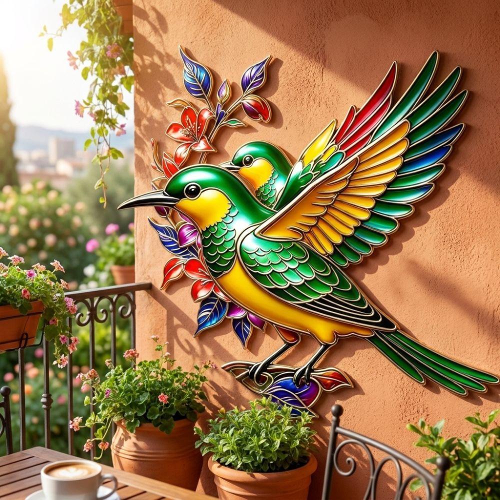 Hand Painted Iron Art Bird Wall Hanging Colorful Flower Colorful Birds Sculpture  Balcony Patio