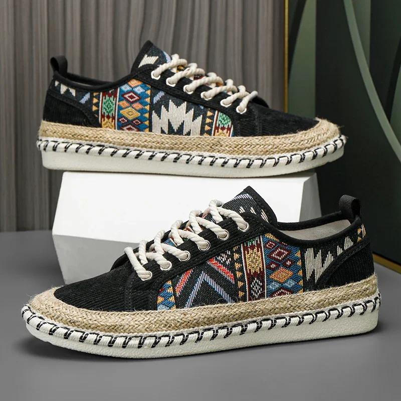 Hot Sale Ethnic Style Men's Canvas Shoes Sewing Casual Flat Shoes Man Breathable Fisherman Shoes Men Espadrilles zapatos hombre