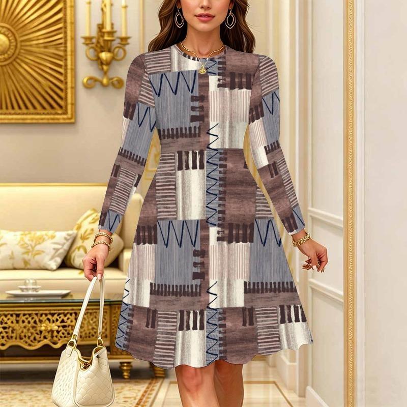 Women's Bohemian Casual Midi Dress Print Round Neck Long Sleeve A Line Loose Swing Dresses