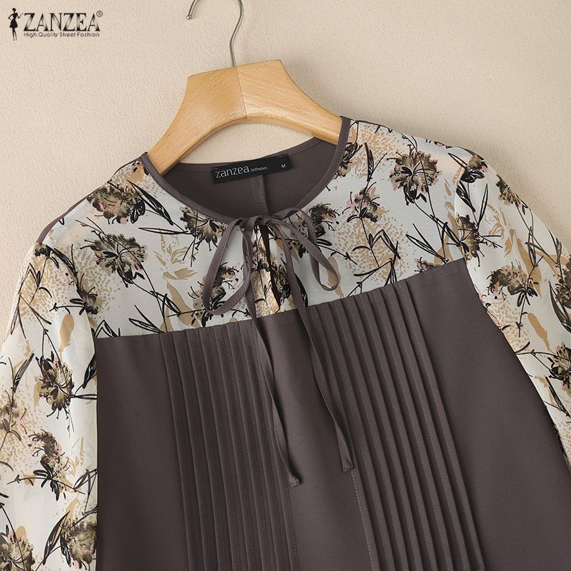 ZANZEA Women Casual Round Neck Print Splice Loose Half Sleeve Blouse