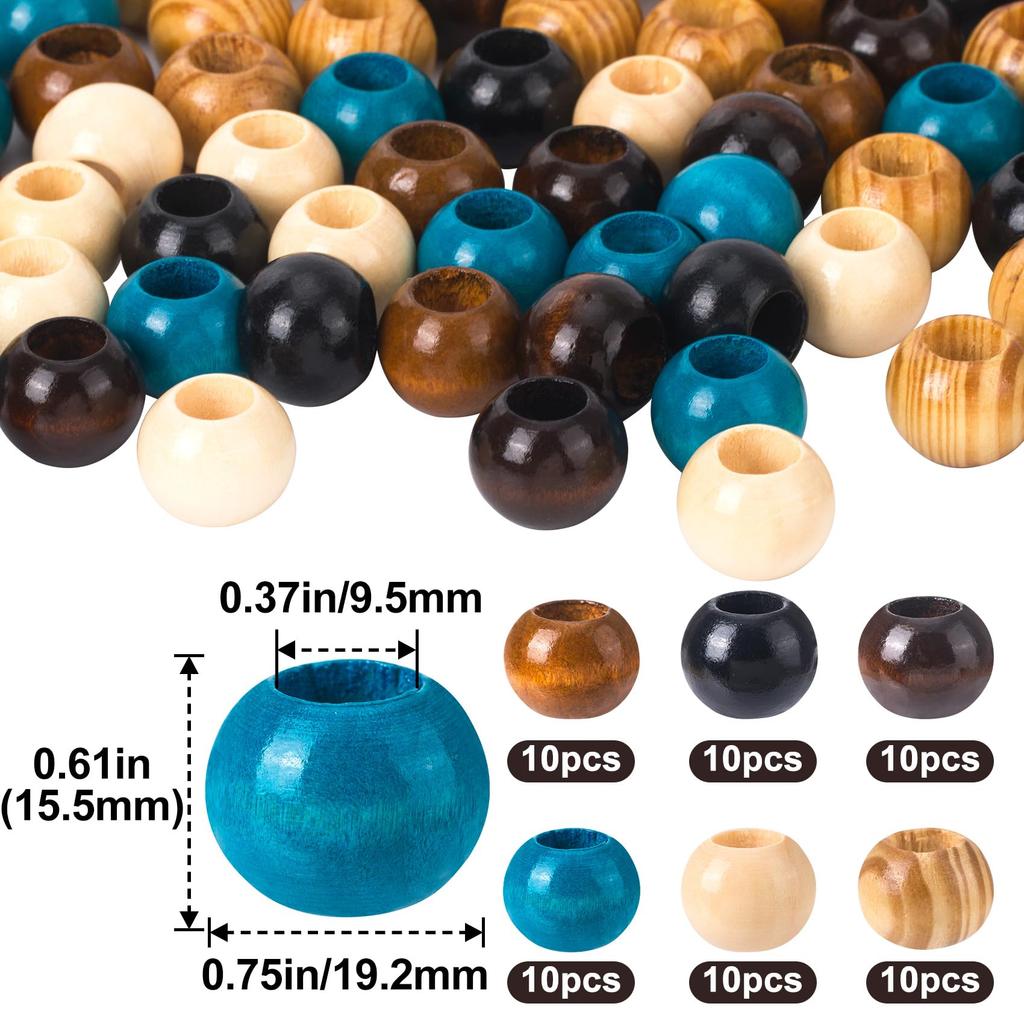 Pndeyo 60 Pieces of Wooden Craft Beads Natural Round Wooden Beads with Large Hole for Hair Vintage Wooden Spacer Beads for Macrame Necklace