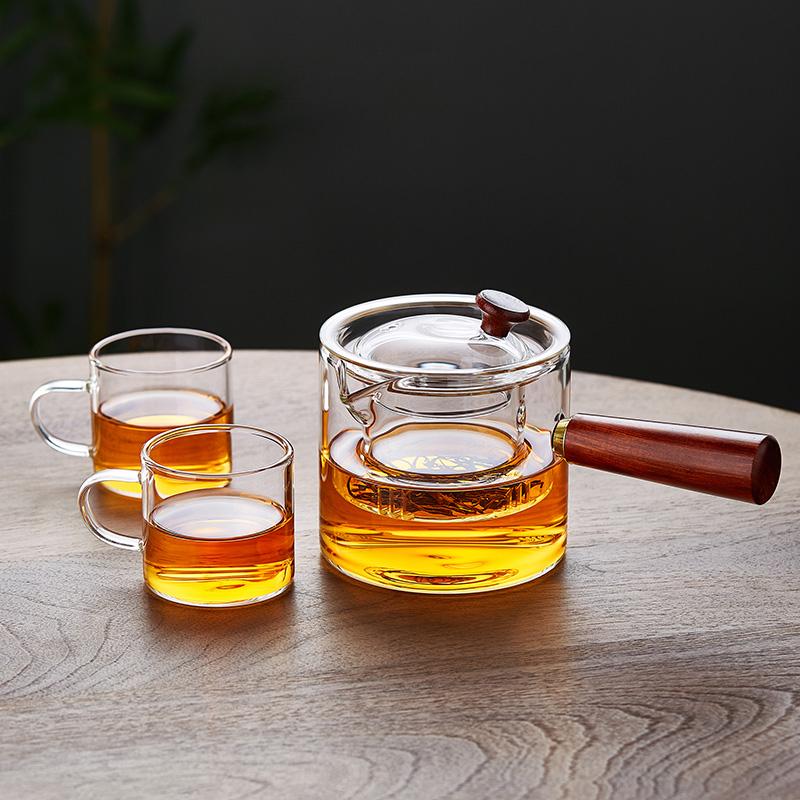 CMGF-Tea Kettle, Side Handle Glass Tea Kettle, Thickened High Temperature Resistant Tea Cooker Tea Kettle with Wooden Handle