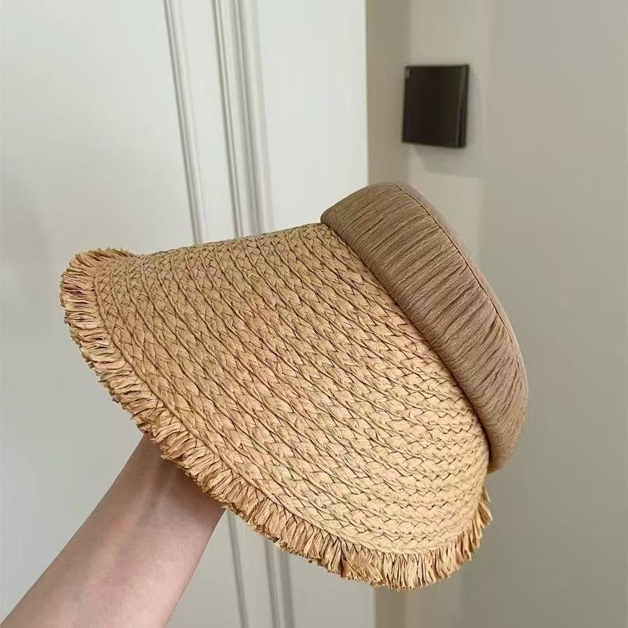 Summer Straw Woven Foldable Raffia Rough Edge Big Brim Sun Protection Hat Women's Summer Travel Shading and UV Protection