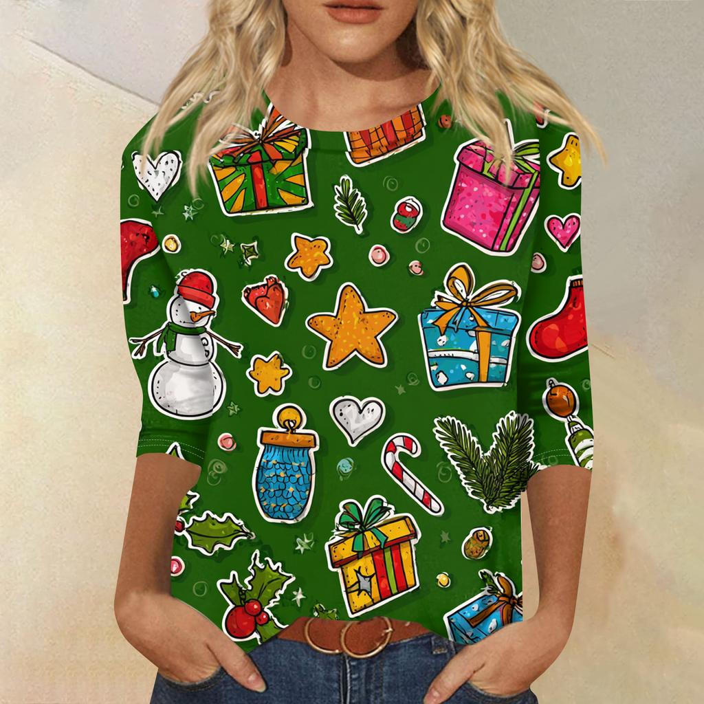 Women's Fashion Casual Round Neck Three-quarter Sleeve Christmas Print T-shirt Top