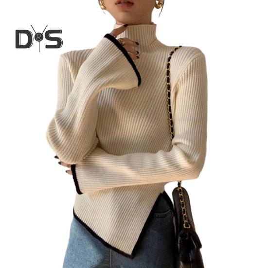 Женский осенне-зимний свитер с высоким воротником и защитой шеи вязаный нерегулярный разделенный подол сплошной цвет с длинным рукавом эластичный мягкий теплый пуловер женский топ белый 1556₽