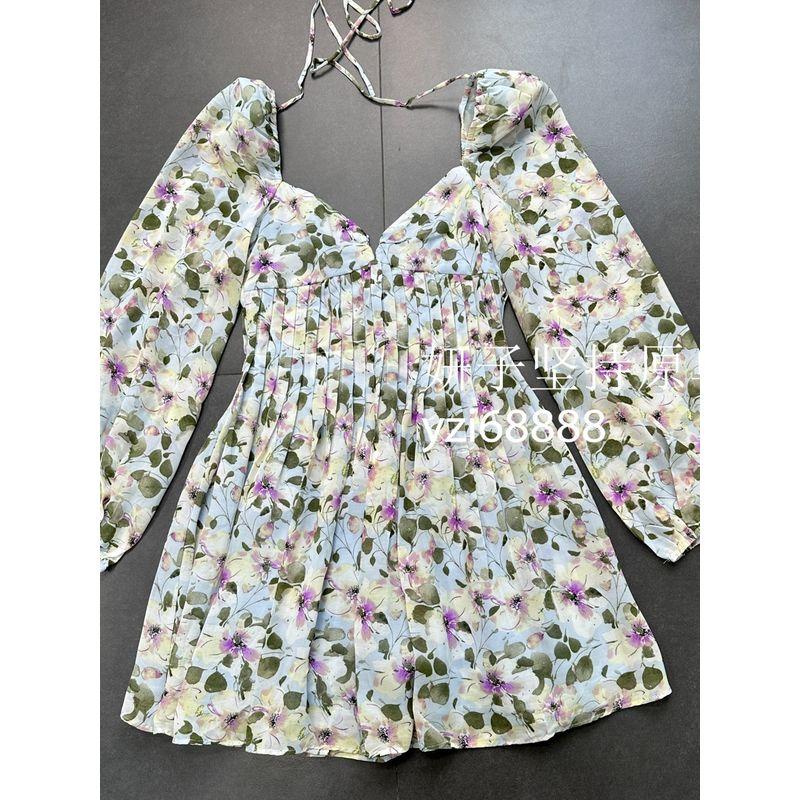 Export USA AST * Sexy Open Back Square-Cut Collar Waist Width Ruched Long Sleeves Printed Waist-Controlled Elegant Chiffon Dress Women