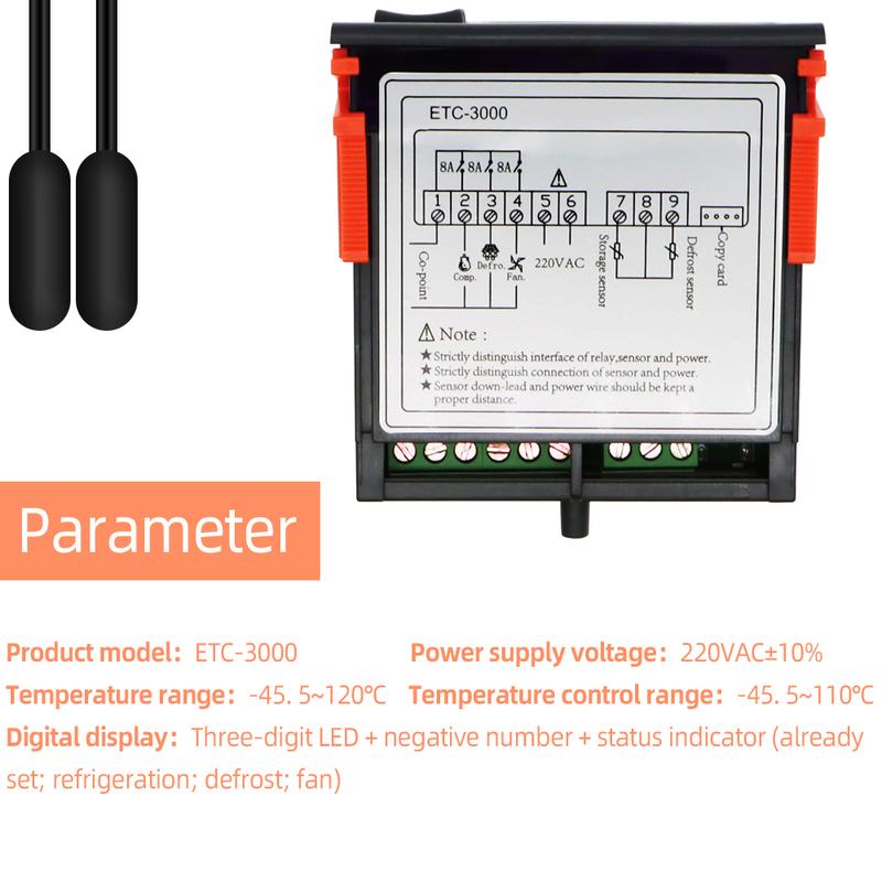 ETC-3000 mini digital temperature controller refrigerator thermostat controller thermostat dual NTC sensor 220V