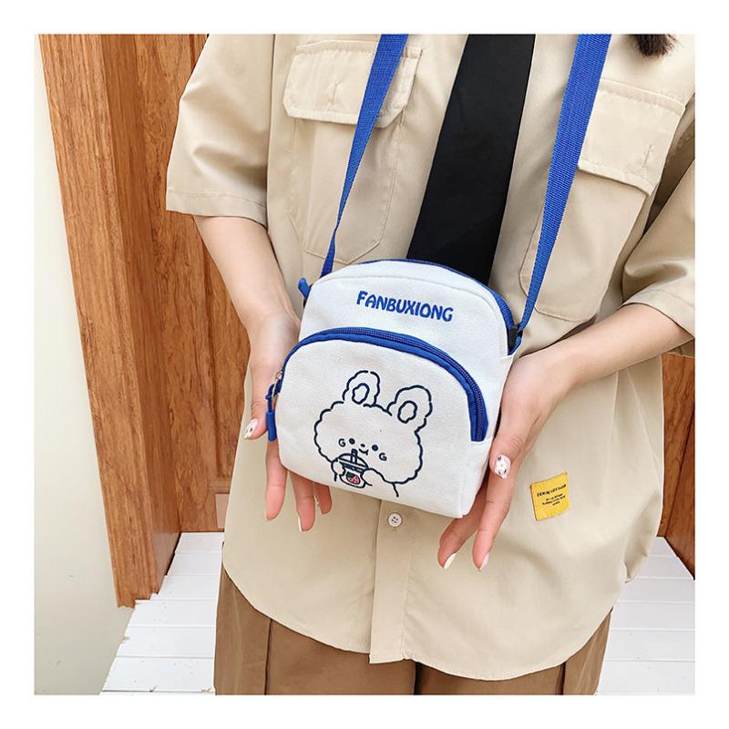 Cute Cartoon Canvas Crossbody Bag for Women, Kawaii Bear and Rabbit Print Mini Square Shoulder Purse, Zipper Closure Single Strap Daily Handbag