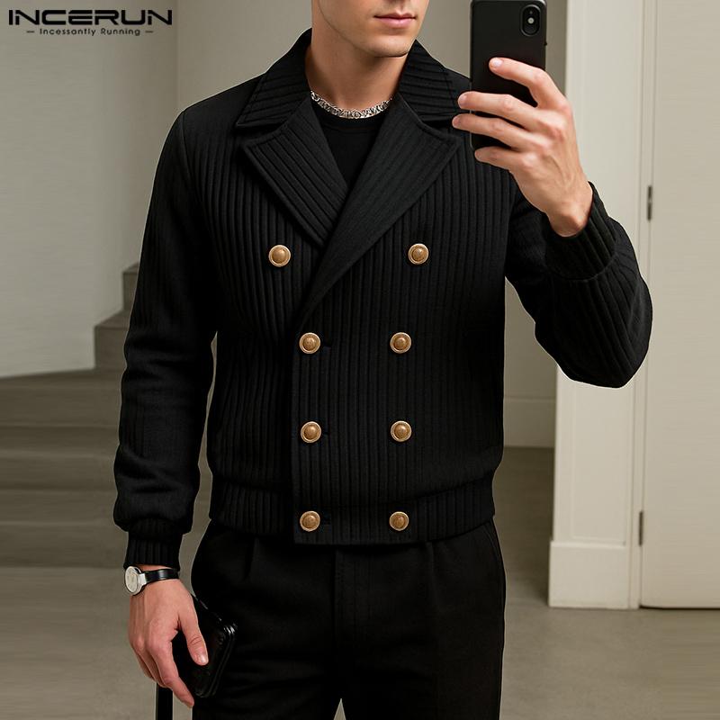 INCERUN Men Lapel Long Sleeve Double Breasted Casual Ribbed Knitted Jackets Coats