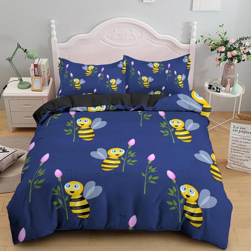 Bee Honeycomb Bedding Set Flying Wildlife Geometric Floral Duvet Cover Twin King Size Microfiber Hexagon Beehive Comforter Cover