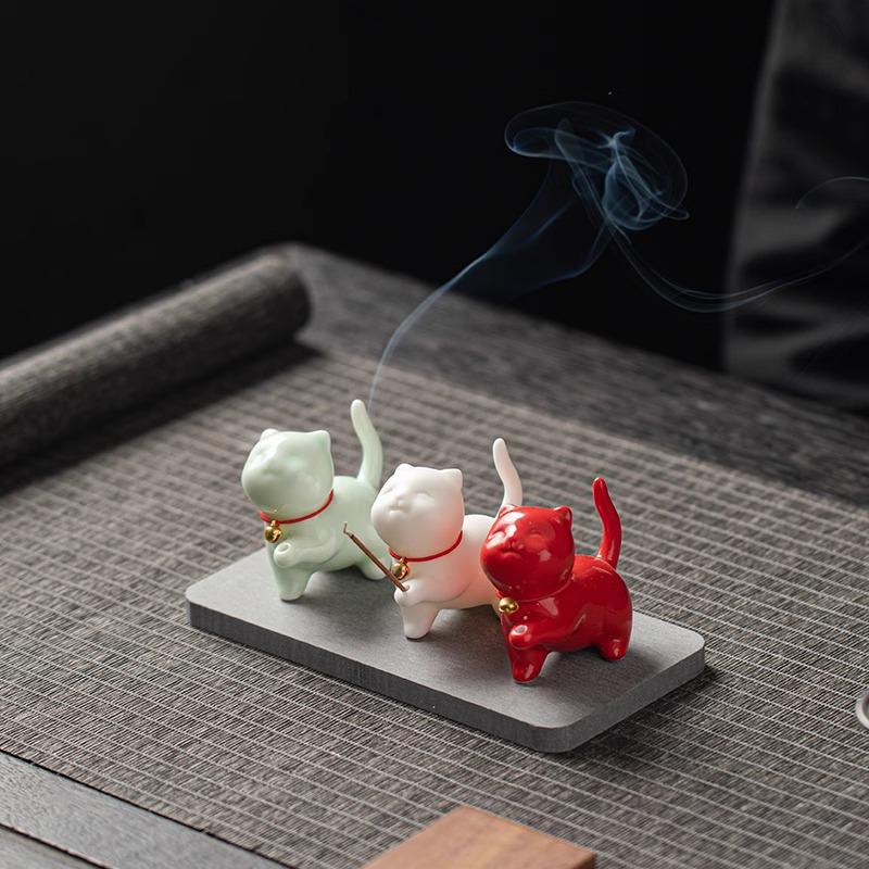 Ceramic Cat Incense Holder - Cute Aroma Burner for Home and Office