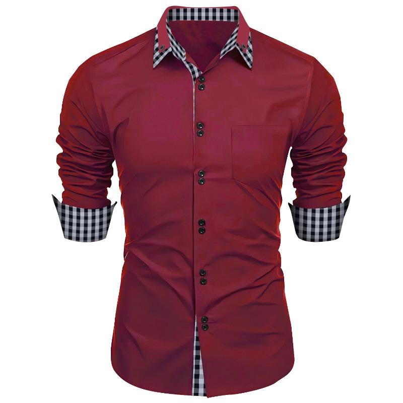 Fashionable Men's Spring Autumn Men's Plaid Color Matching Slim Casual Shirt Long Sleeved Shirt