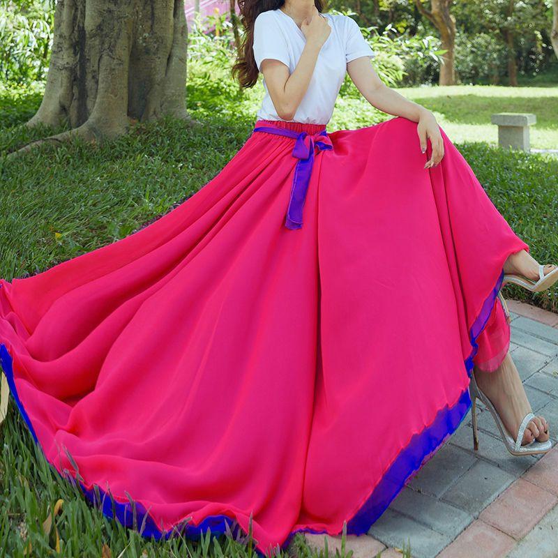 

Танцевальные юбки, шифоновые длинные юбки для женщин, элегантные повседневные пляжные макси-юбки с высокой талией в стиле бохо, носить с обеих сторон XL