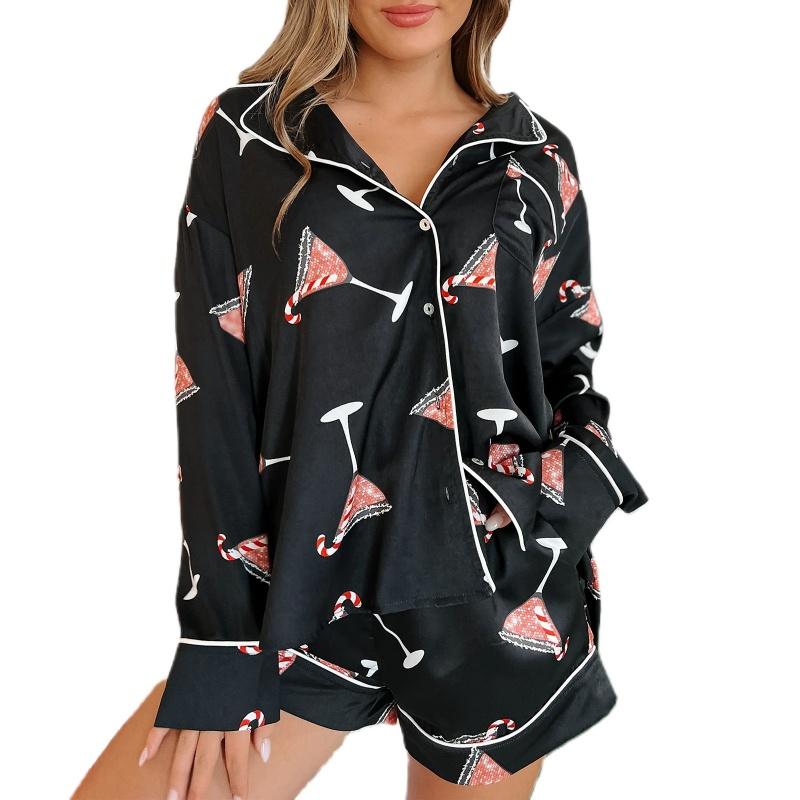 Christmas Pajamas Set Women Candy Cane Print Single Breasted Long Sleeve Shirt Top with Shorts Sleepwear Loungewear