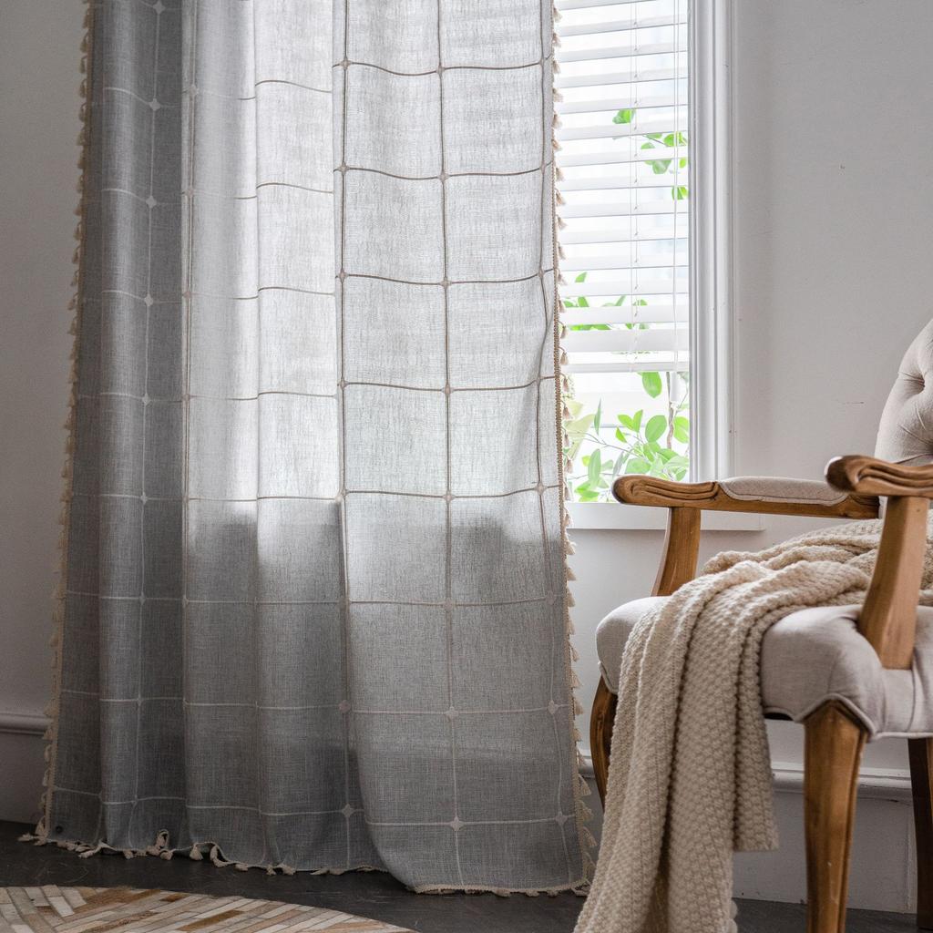 Curtains Finished Solid Color Plaid Embroidered Curtains Fringed Semi-blackout Curtains Farmhouse Kitchen Window Curtains