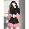 Spring Elegant Womens Long Dress With Spliced Pattern For Office Casual Wear