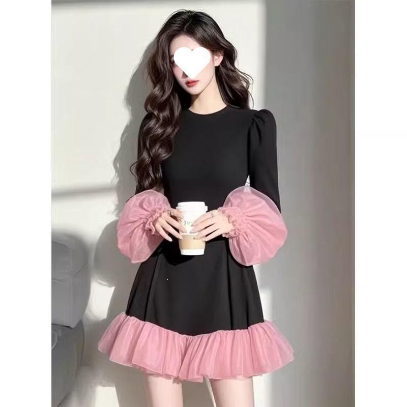 Spring Elegant Womens Long Dress With Spliced Pattern For Office Casual Wear