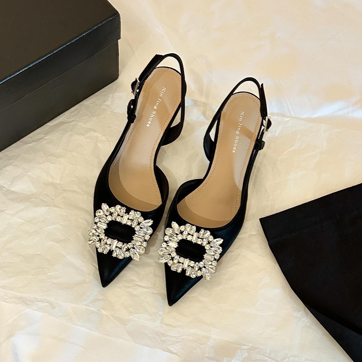 

699-208 Elegant spring new rear strap bag head thin heel single shoes temperament advanced sense rhinestone high heels 35 чёрный