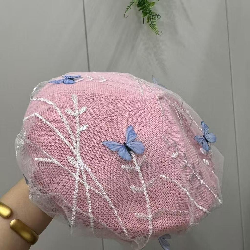 Women's Hat New Fashion Lace Beret - Summer Lightweight Chic Butterfly Painter Hat with Breathable Mesh
