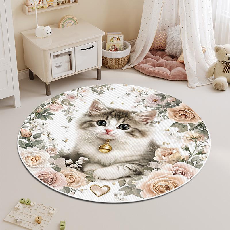 Round Carpet Bedroom Stain-resistant Cartoon Cat Bedside Children's Rug Floor Mat Living Room Washable Thickened Coffee Table Mat