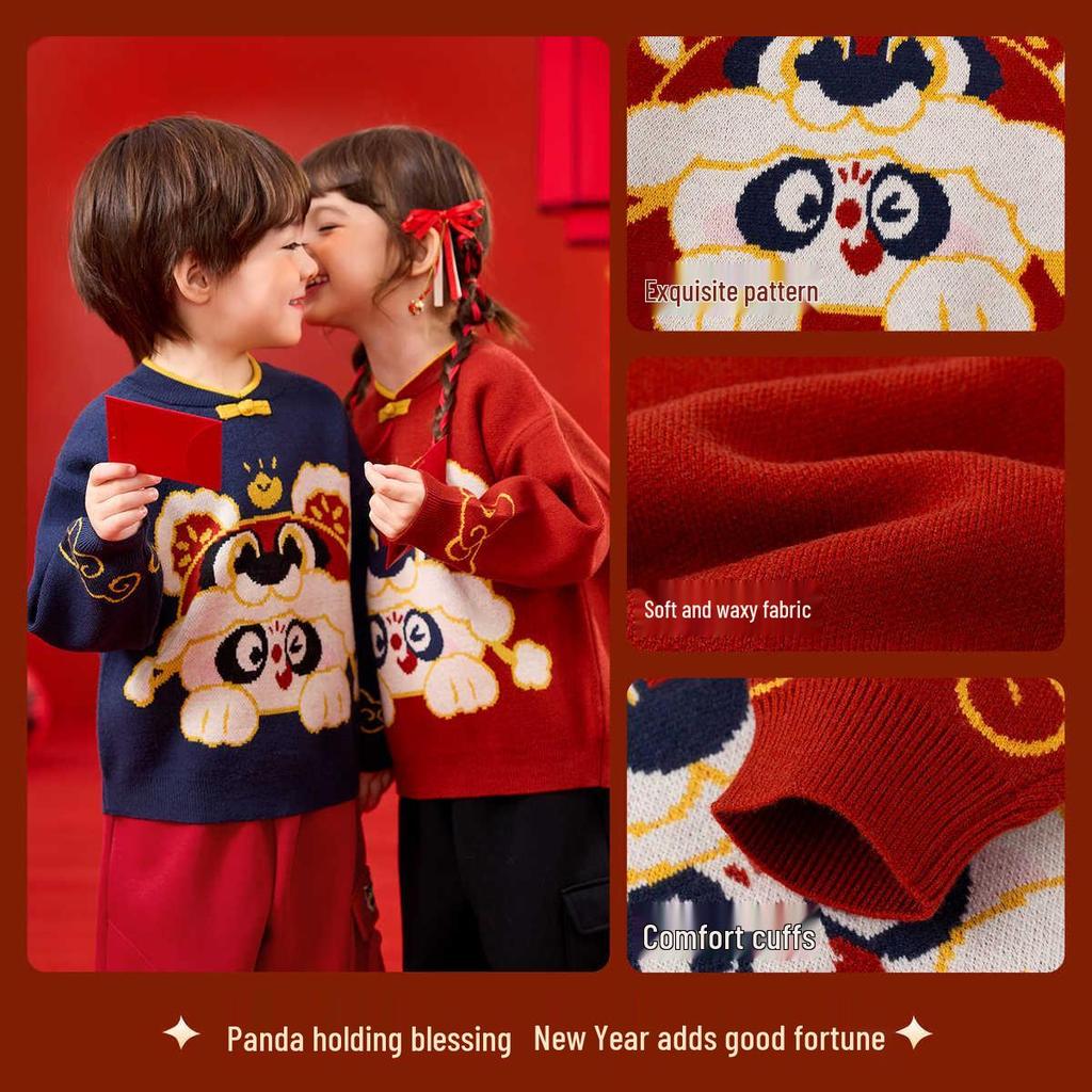 Dudujia Children's Red Knit Sweater - Winter Thickened Baby New Year Outfit