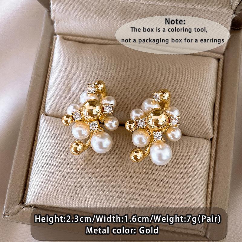 French Elegant Romantic Artificial Pearl Micro Inlaid Zircon Earrings New Jewelry Temperament Gold Color Accessories For Women