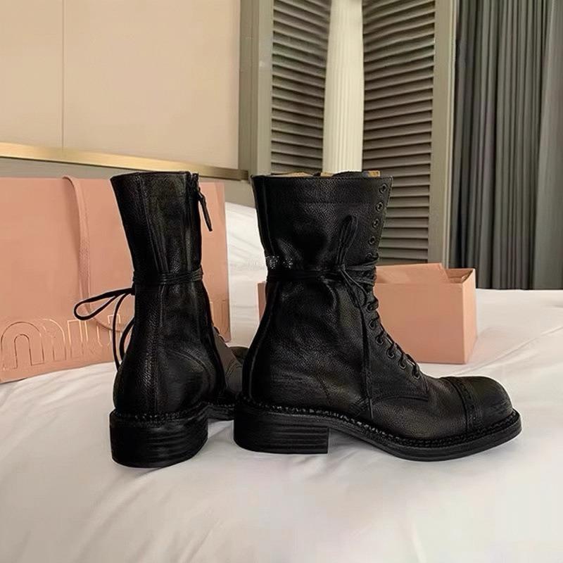 Cowhide Miumiu Genuine Leather Martin Boots Women's Autumn and Winter Maillard Western Boots Thick Heel Medium Tube Retro Short Boots