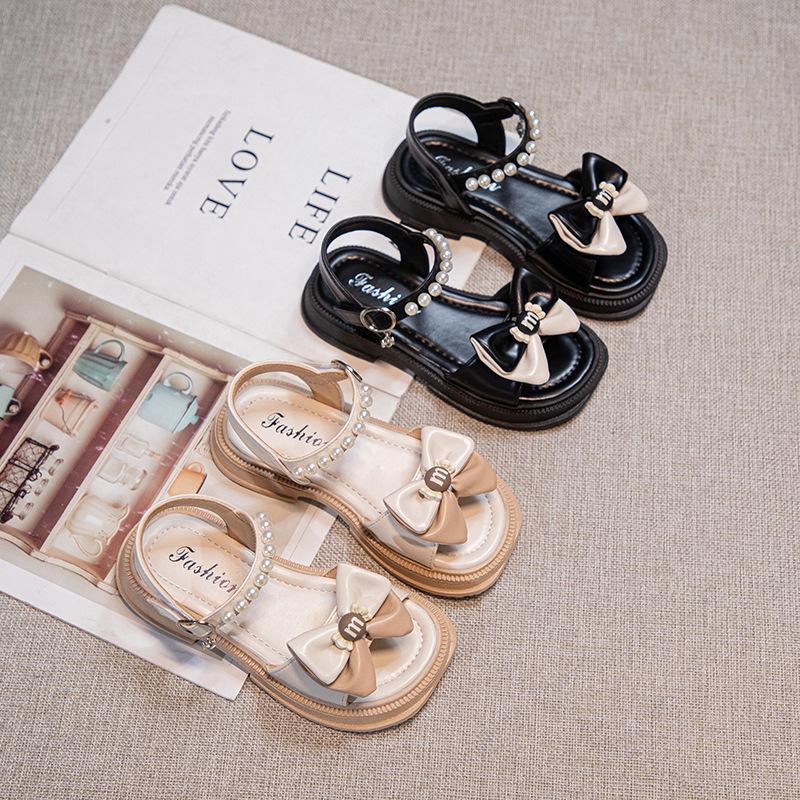 Children's sandals 2025 summer Korean version girls bow foreign princess single shoes baby pearl versatile beach shoes