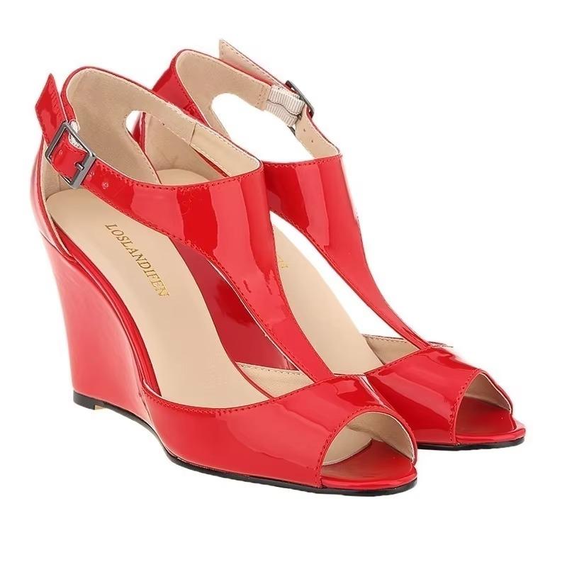 LOSLANDIFEN Women Sandals Wedge Platform Fashion Sexy 8cm Pointed Toe Thin High Heels Ankle Strap Sandal Party Red Wedding Shoes