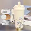Simple flower thermos cup 111 large capacity student straw high value portable water cup coffee cup female